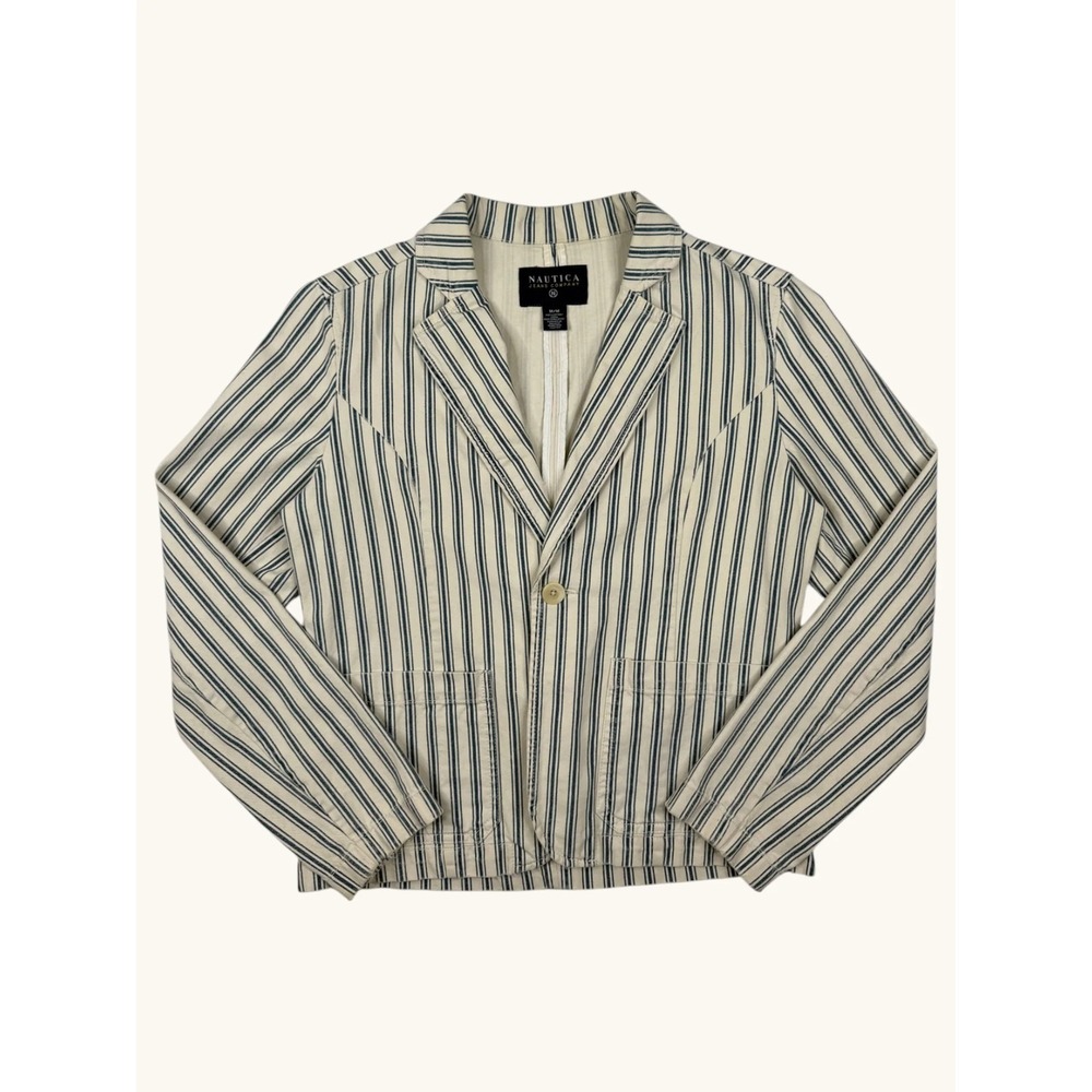Nautica Jeans Company Womens Striped Cotton Blazer Jacket Cream Navy Blue Size M